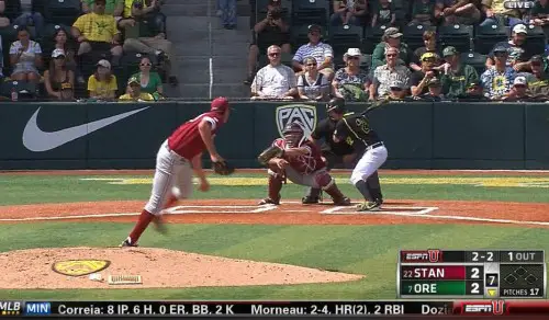 Stanford 2 Bottom 7, 1 out, 2-2 count, good take by Altobelli (next pitch is a single up middle)