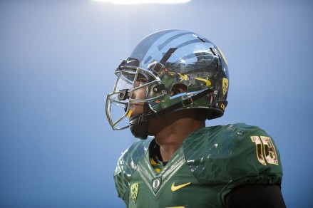 Freshman receiver Dwayne Stanford sporting one of Oregon's latest helmet designs.