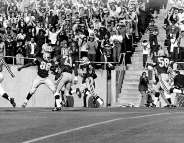 Black and white photo of two unidentified University of Oregon defenders closing in on an opposing quarterback during a game played at Autzen Stadium in the mid-1970s