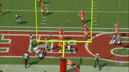 The right guard has to pick his poison, so he chooses to block Braman. Burton comes free at the punter and the result is a blocked punt picked up by Smith in the endzone for a touchdown. 