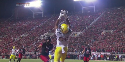 Pharaoh Brown makes a spectacular catch for a touchdown against Utah, pre-injury. 