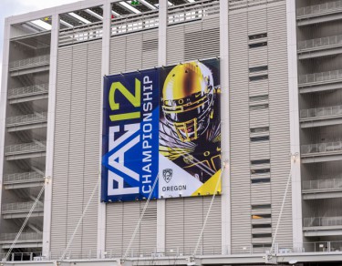 The Pac-12 Championship banner hangs from Levis Stadium