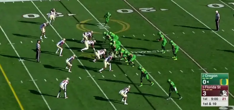 Oregon aligns in one of their most common formations, then brings the Z receiver in motion toward the backfield.