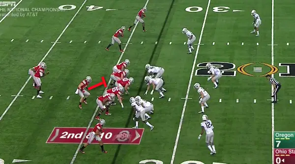 Watch the H-Back (Red lines) of Ohio State.
